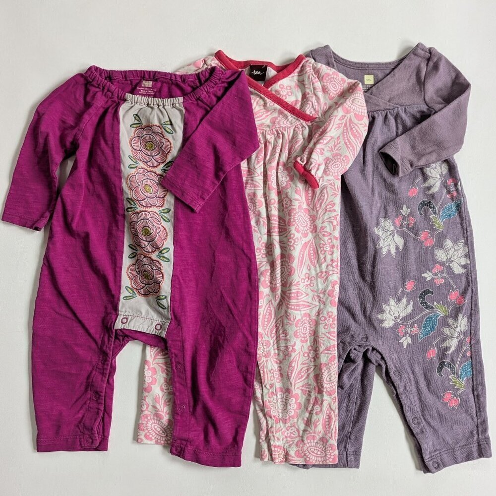 Tea Collection Bundle 3 Rompers Baby Girl 0-3 Months Pinks & Purples